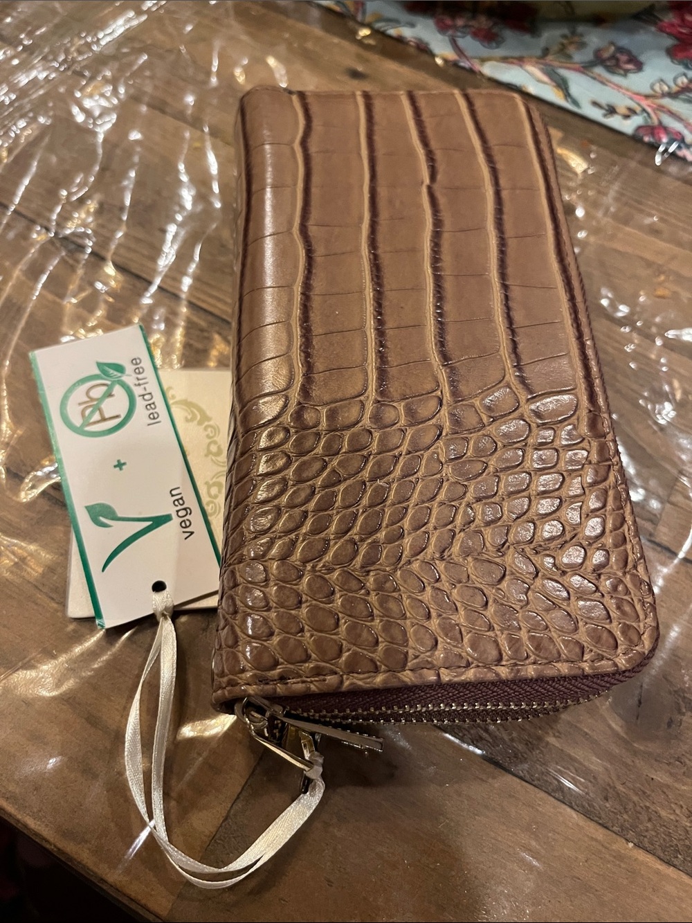 Vegan Brown Croc-Embossed Zip Wallet